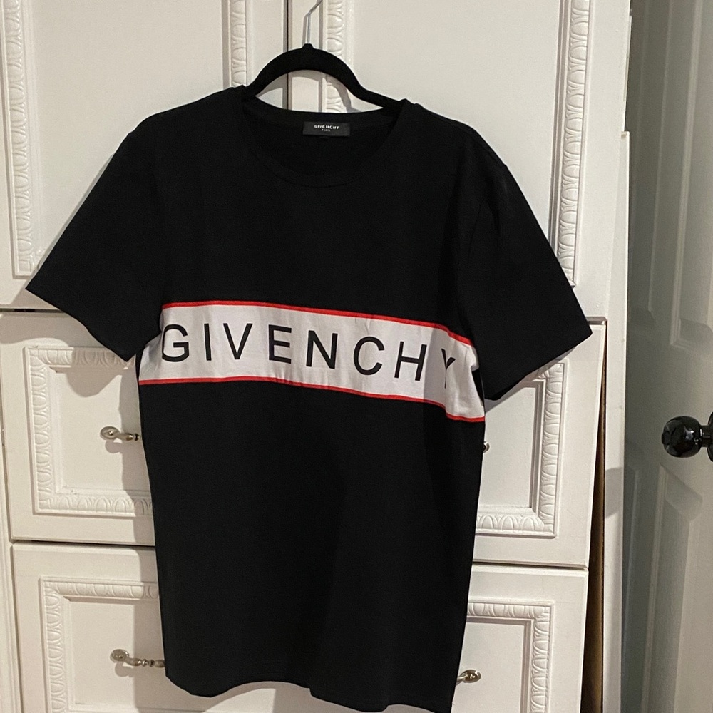 Givenchy Black Tee with White and Red Band